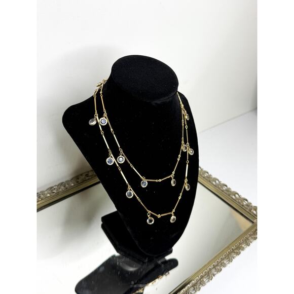 Gold Tone Signed Swarovski Clear Crystal Long Necklace 34”, Bezel Crystal, Facet - Picture 2 of 9